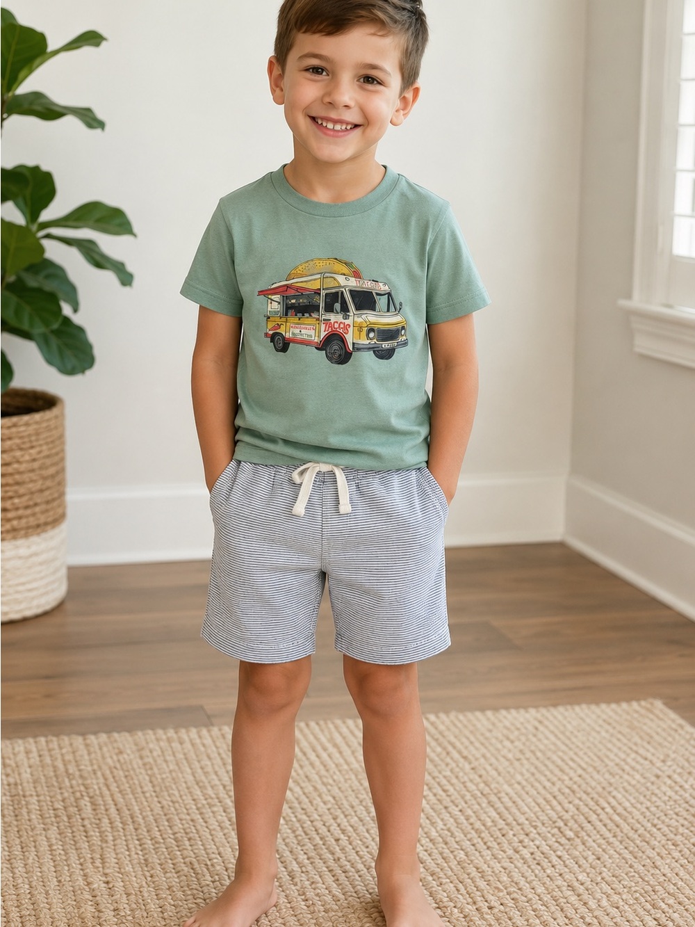 Crewcuts Light Sage Green Taco Short Sleeve Tee & Striped Shorts